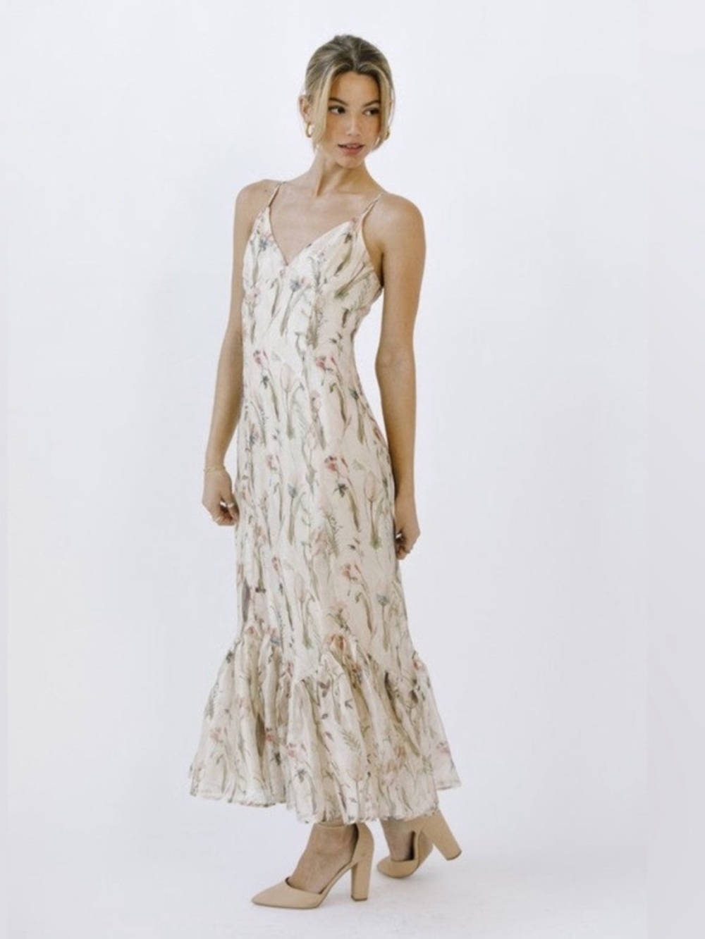 Storia Picking Petals Tulip Print Fishtail Maxi Dress Cream Blush Pink Green S